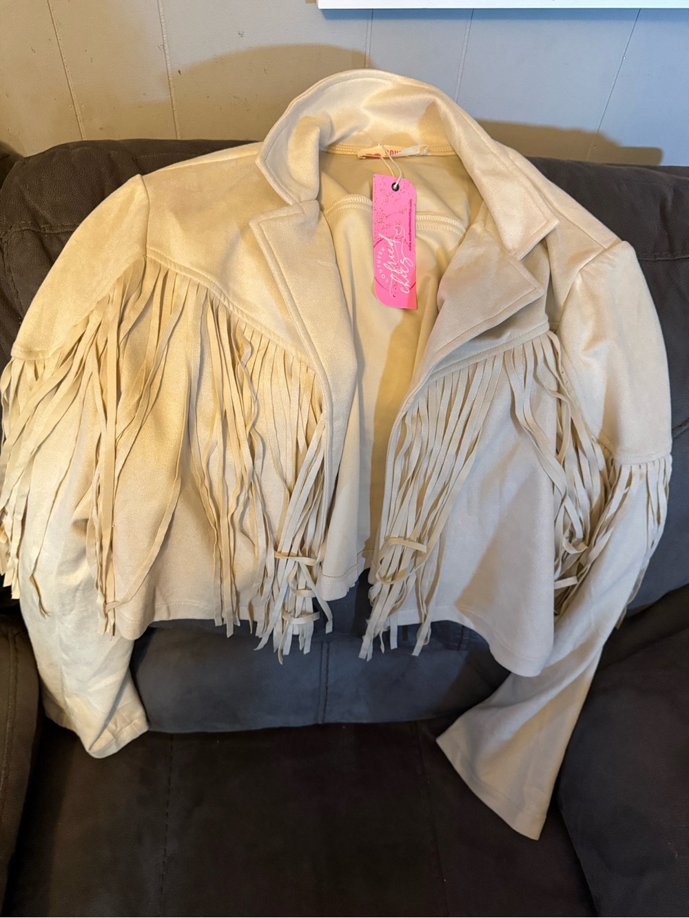 Cropped Fringe Suede Jacket in Light Beige